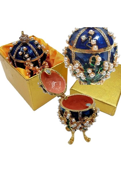 Dünyadan Hediyeler Faberge Yumurta Swarovski Taşlı Lüks Mücevher Kutusu Mavi 8 cm