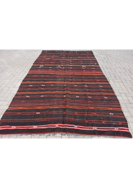 Türk Kilim, Eskitme Kilim, Oversize Kilim, 196 x 348 cm Siyah Kilim, Bohem Kilim, Oturma Odasısı Kilim