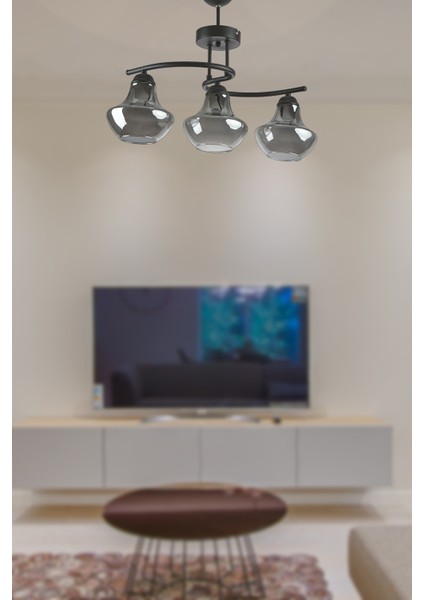 Fuji Özel Tasarım Spor Modern Dekoratif Salon Siyah Renk Füme Camlı 3 Lü Avize
