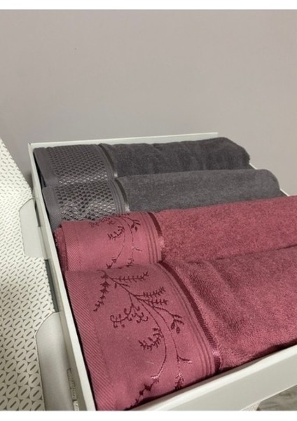 4 Parça Best Hamam Seti, Banyo Havlu Takımı-Ditsy Mürdüm Antrasit