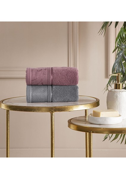 4 Parça Best Hamam Seti, Banyo Havlu Takımı-Ditsy Mürdüm Antrasit