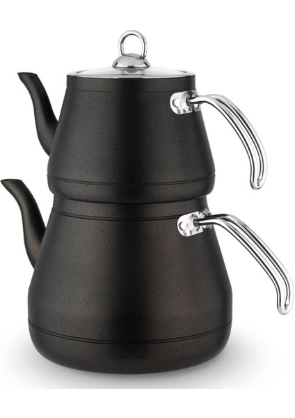 Rana Piramit Mega Metal Kulp Cam Kapak Granit Desen Çaydanlık-Antrasit -Demlik 2 Lt Suluk 4 Lt