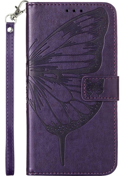 Iphone 14 Pro Max (Dark Purple) Için Kabartmalı Kelebek Deri Telefon Kasası