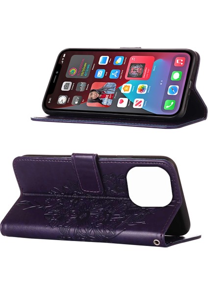 Iphone 14 Pro Max (Dark Purple) Için Kabartmalı Kelebek Deri Telefon Kasası modelleri
