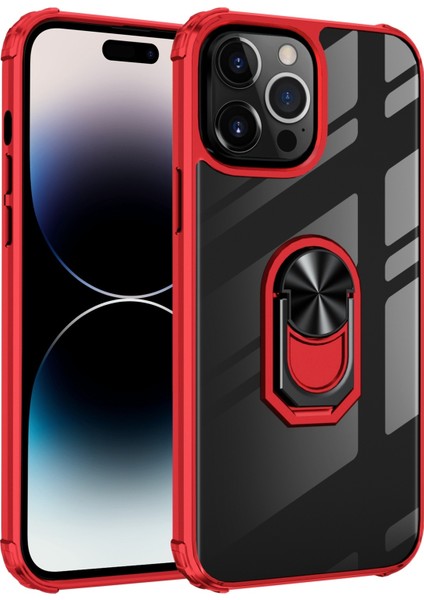 Iphone 14 Pro Max (Siyah Kırmızı) Için Şeffaf Tpu Akrilik Yüzük Tutucu Telefon Kılıfı