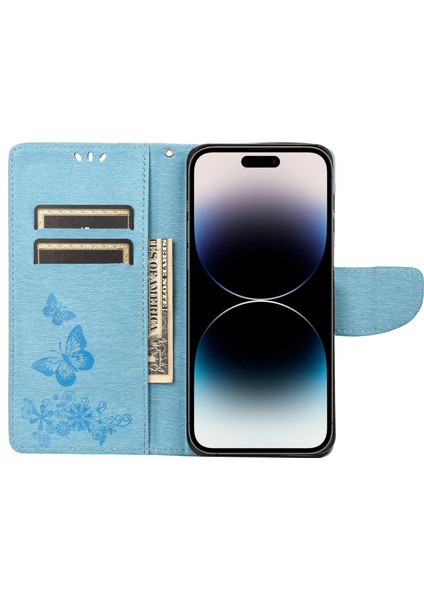 Kelebek Kabartmalı Yatay Flip Deri Telefon Kasası iPhone 14 Pro Max (Mavi)