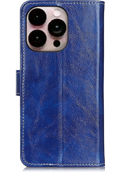 Retro Çılgın At Dokusu Yatay Flip Deri Telefon Kılıfı Iphone 14 Pro Max (Mavi)