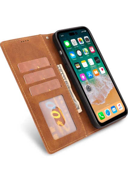 IPhone 14 Pro Max (Brown) Için Buzağı Doku Deri Kılıf