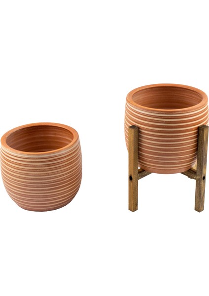 Ev Dekorasyon Yan Çizgi Desenli Toprak Saksı Saksılık Salon Çiçeklik İkili Set Ayaksız - 4 Ayaklı- 19 CM