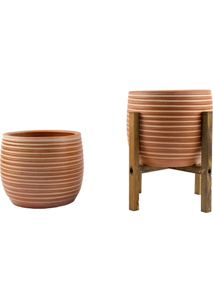 Ev Dekorasyon Yan Çizgi Desenli Toprak Saksı Saksılık Salon Çiçeklik İkili Set Ayaksız - 4 Ayaklı- 19 CM fiyatları