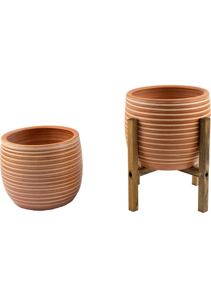 Ev Dekorasyon Yan Çizgi Desenli Toprak Saksı Saksılık Salon Çiçeklik İkili Set Ayaksız - 4 Ayaklı- 19 CM modelleri
