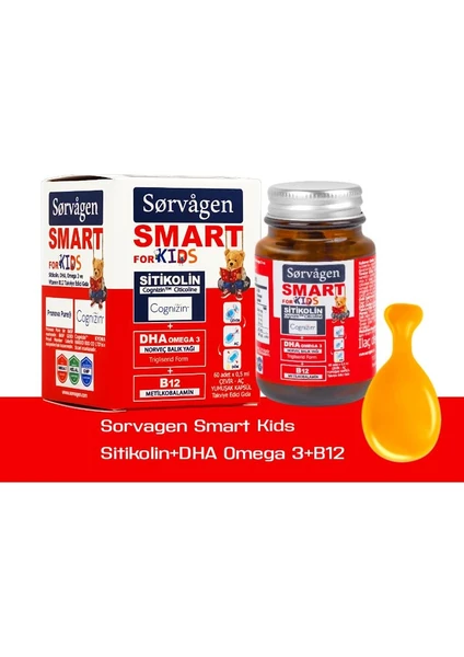 Smart Kids (Çocuklar Için) Sitikolin, Dha Omega 3 Norveç Balık Yağı, B12 60 Kapsül