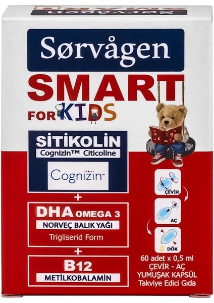 Smart Kids (Çocuklar Için) Sitikolin, Dha Omega 3 Norveç Balık Yağı, B12 60 Kapsül