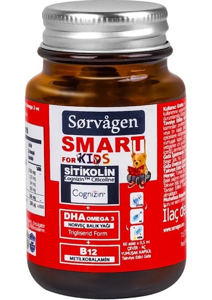 Smart Kids (Çocuklar Için) Sitikolin, Dha Omega 3 Norveç Balık Yağı, B12 60 Kapsül