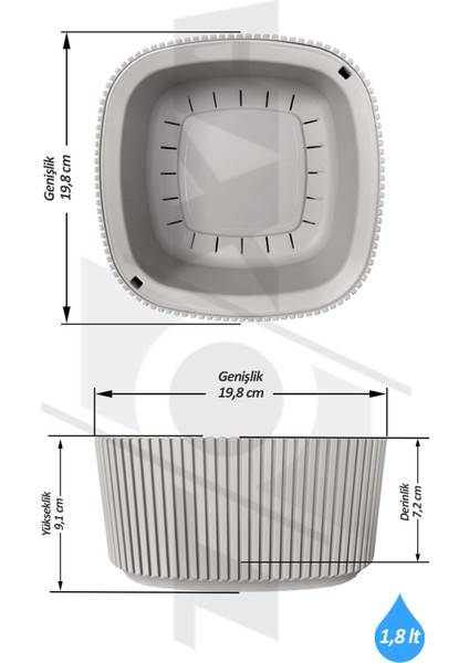 1,8 Litre Antrasit Gri Pera Aranjman Saksı Plastik Bitki Çiçek Kaktüs Saksısı No2 19,8x9,1cm