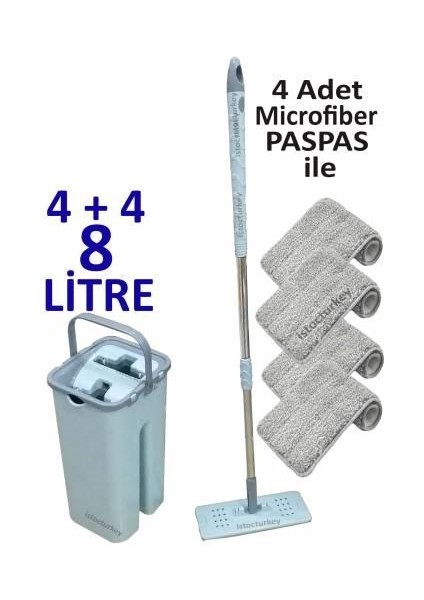 Microfiber Tablet Mop 4 Paspaslı Temizlik Seti 4+4=8 Litre Kova ile Metal Sap 4 Adet Paspas Komple