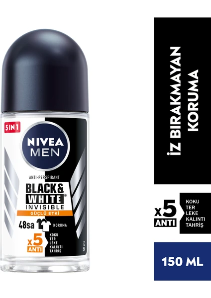 NIVEA Men Erkek Roll On Deodorant Black&White Invisible Güçlü Etki 50ml; Ter ve Ter Kokusuna Karşı 48 Saat Anti-perspirant ; İz Bırakmayan Formül