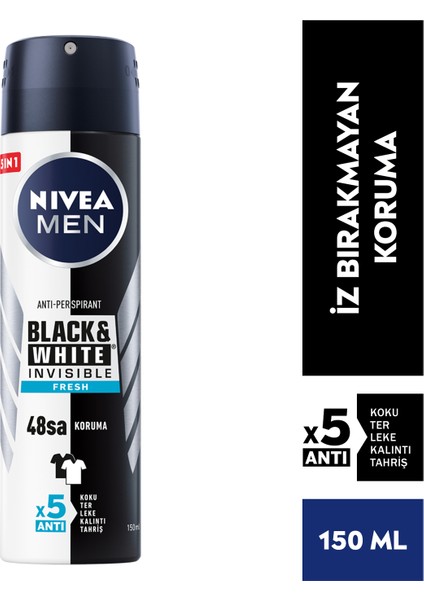 NIVEA MEN Erkek Sprey Deodorant Black&White Invisible Fresh 150ml48 Saat Anti-Perspirant Koruma