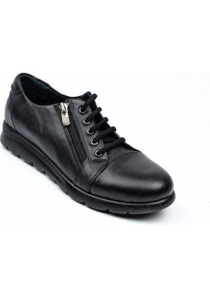 789 Fermuarlı Bağcıklı Siyah Deri Kadın Günlük Ayakkabı