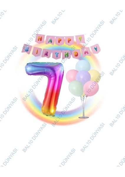 Gökkuşağı Folyo Balon Happy Bırthday Banner ve Balonlu Balon Standı 7 Yaş
