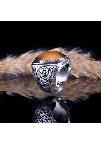 Kalem Işleme Motifli Kaplangözü Taşlı Gümüş Yüzük