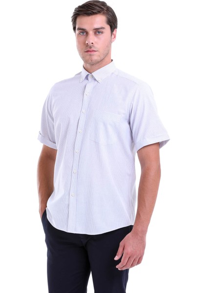 Gri Çizgili Regular Fit Pamuklu Kısa Kol Gömlek