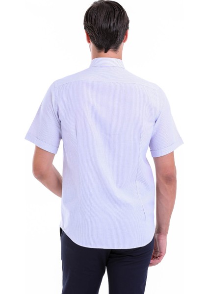 Lila Çizgili Regular Fit Pamuklu Kısa Kol Gömlek