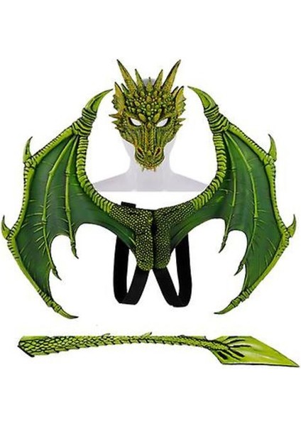 Yetişkinler Için Parti Cosplay Maske Çocuk Masquerade Kostümleri Korkunç Ejderha Maskesi Kanatları Kuyruk Cadılar Bayramı Kostüm Seti (Yeşil)