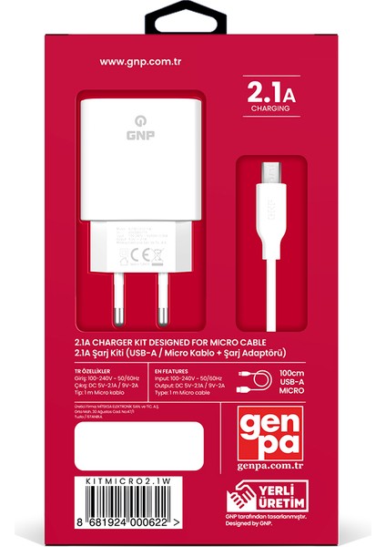 Gnp 2.1 Mah Micro USB Kablo ve Şarj Cihazı