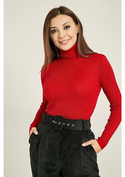 Kadın Balıkçı Yaka Uzun Kol Fitilli Triko Kazak Standart Beden Sml Uyumlu