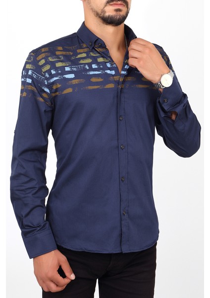 Slim Fit Üst Desenli Lacivert Renk Erkek Gömlek