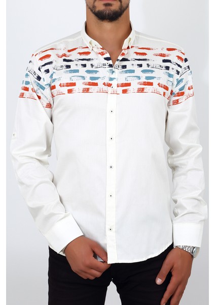 Slim Fit Üst Desenli Beyaz Renk Erkek Gömlek