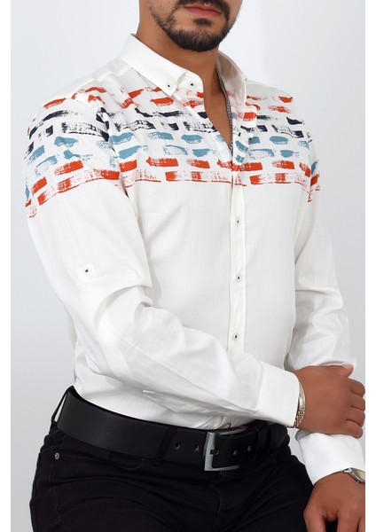 Slim Fit Üst Desenli Beyaz Renk Erkek Gömlek modelleri