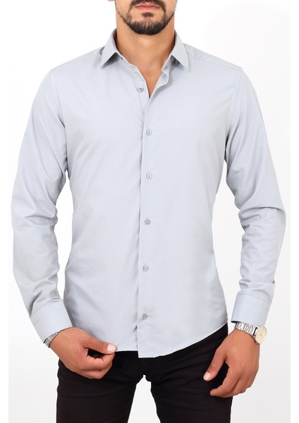 Slim Fit Açık Gri Renk Erkek Gömlek