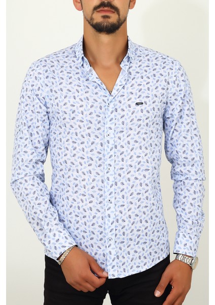 Slim Fit Yaprak Desenli Beyaz Renk Erkek Gömlek