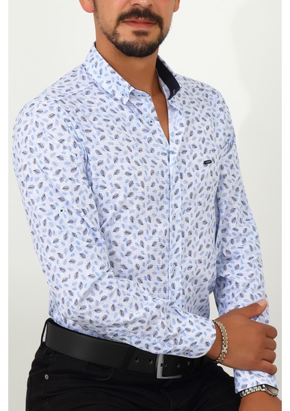 Slim Fit Yaprak Desenli Beyaz Renk Erkek Gömlek modelleri