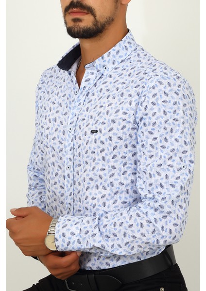 Slim Fit Yaprak Desenli Beyaz Renk Erkek Gömlek indirimleri
