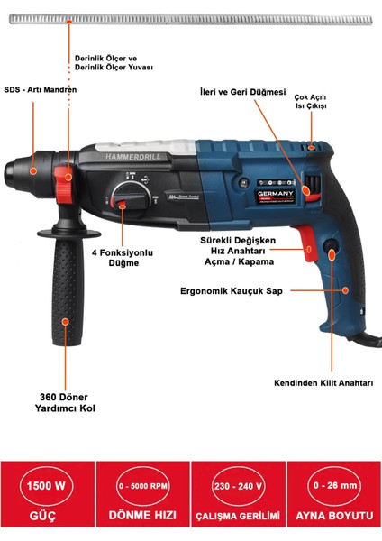 Germany Style 1500 Watt Sds Plus Kırıcı Delici Matkap 26 mm 2.4 Juel GRM5003