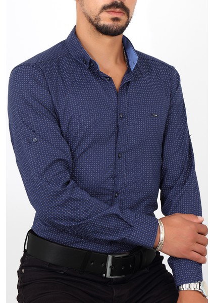 Slim Fit Desenli Lacivert Renk Erkek Gömlek modelleri