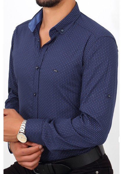 Slim Fit Desenli Lacivert Renk Erkek Gömlek fırsatları
