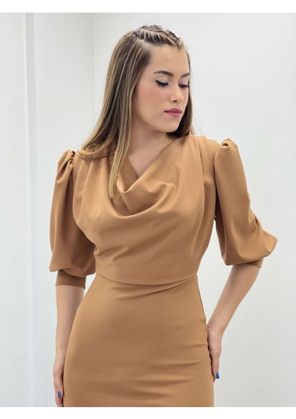 Krep Kumaş Degaje Yaka Kalem Elbise - Camel modelleri