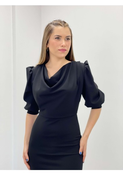 Krep Kumaş Degaje Yaka Kalem Elbise - Siyah modelleri