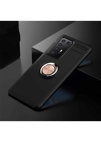 Huawei P40 Pro Kılıf Metal Yüzüklü Standlı Yumuşak Ravel Silikon Kapak