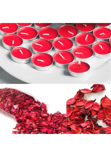 Sevgiliye Eşe Hediye 2000 Adet Kuru Gül Yaprağı + 50 Adet Kırmızı Tealight Mum Romantik Süsleme