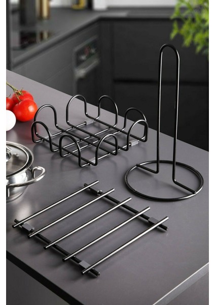 3 Parça Lüx Black Serisi Servis Seti Peçetelik Nihale ve Dik Havluluk