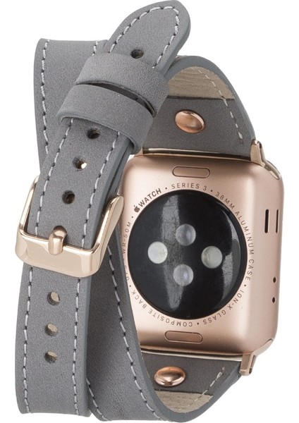 Apple Watch Uyumlu Deri Kordon 42-44-45MM Slim Double Tour Rg Rst9 Gri