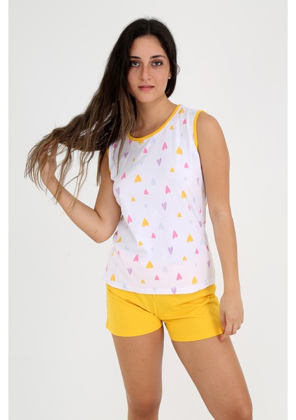 Kalp Desenli, Sarı Şortlu, Kolsuz Pijama Takımı
