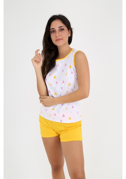 Kalp Desenli, Sarı Şortlu, Kolsuz Pijama Takımı