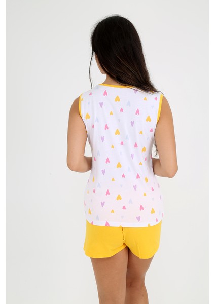 Kalp Desenli, Sarı Şortlu, Kolsuz Pijama Takımı