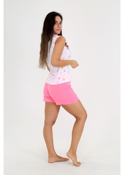 Kalp Desenli, Pembe Şortlu, Kolsuz Pijama Takımı